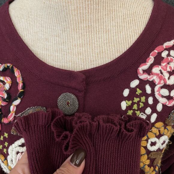 Anthropologie Knitted Dove Embroidered Cardigan Burgundy  Sweater Size M - Picture 4 of 15